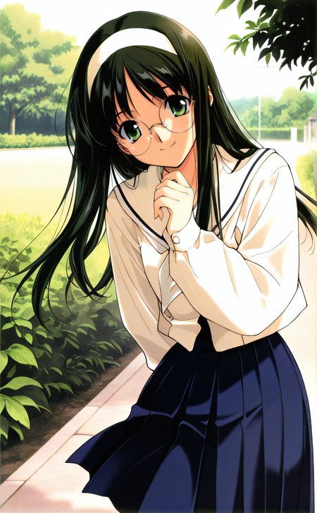masterpiece, best quality, 1girl, solo, original artstyle, official artstyle, <lora:IL_Sasaki_Style:1>, sasakimutsumi, black hair, long hair, white hairband, green eyes, round glasses, white school uniform, long sleeves, blue pleated skirt, looking at viewer, smile, outdoor, cowboy shot