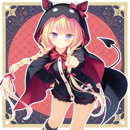 <lora:favorite_art_n16c16_nai_Loha-0000100:1.8>,favorite art,
<lora:Yasaka_Menoa_1_nai:0.7>,Yasaka Menoa,twin braids,hair ribbon,red ribbon,black hoodie,horns,animal hood,demon tail,striped socks,long sleeves,kneehighs,hood up,black pajamas,black cloak,red lining,red bowtie,red bow,black frills,white shirt,
1girl,solo,looking at viewer,pointing at viewer,smile,hand on own hip,multicolored background,