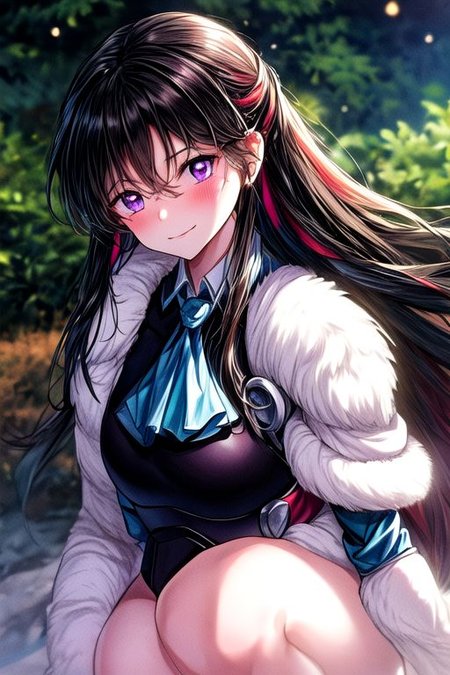 masterpiece,  best quality 1girl Setsun4 solo long hair,  (night time) forest background black hair very long hair purple eyes multicolored hair armor (fur trim) (medium body),<lora:EMS-179-EMS:0.800000>,<lora:EMS-293862-EMS:0.800000> bow, hair_bow, hair_tubes, red_bow, brown_hair, long_hair, bangs, ascot, frilled_bow, yellow_ascot, blush, smile, hair_between_eyes, athletic, armor
