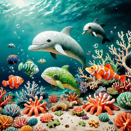Underwater Puzzle World
Draw an ocean where all the inhabitants - fish, corals, Octopus, cuttlefish, seahorse  - are made of puzzles. In the center of the scene is a giant whale made of blue and green puzzles, and around it swim colorful jellyfish that are not yet fully assembled. At the bottom of the ocean is a shipwreck that is slowly being assembled from puzzles.