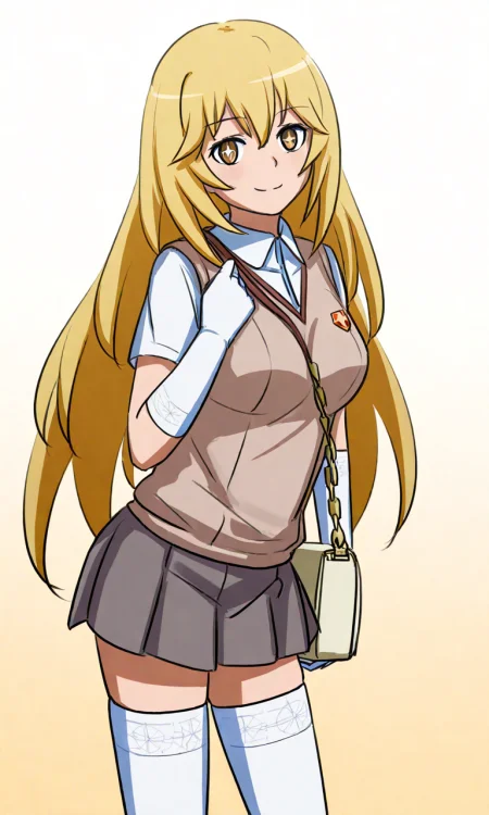 Raitaroo, shokuhou misaki, tokiwadai uniform, solo, elbow white gloves, white thighhighs, handbag, smile, solo, 