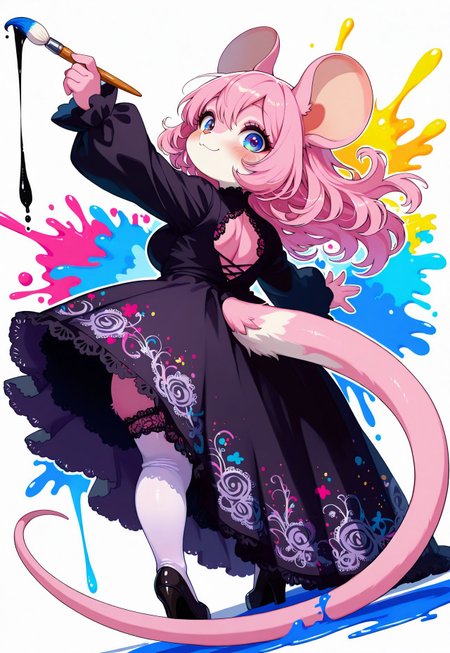 score_9, score_8_up, score_7_up, masterpiece ,amazing quality, intricate details, watercolors, sometyome_illu, xxx667_illu, reij-incs, neon colors, colors splash effect, silhouette character, black ink, neon colors, colors splash effect, flowing hair, swirling colors, color explosion, paint splashing around, white outline,  cute rat girl, furry, pink fur, long tail, furry:1.2, Cartoon_Type, curvy, fluffy1.3, shortstack, lace styled dress, black dress, couture fashion, holding paintbrush, painting , thick white outline, back to viewer, reaching overhead, slightly chubby, from behind, white lace, thigh garter, face focus, fabric, intricate lace, intricate details:1.2, long dress, flowing dress, dripping with paint, stockings, standing upright, pigeon toed, heavy blush, happy,  Enchanting Eyes, countershade fur, stylish, pose, extremely detailed, high quality, cute background, dynamic angle,
