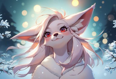 score_9_up, score_8_up, score_7_up, source_furry, fox female, portrait, solo, white fur, furry, red eyes, big ears, winter background, falling snow, white long hair, blush, smirk, hair blown by the wind, atmospheric lighting, bokeh,