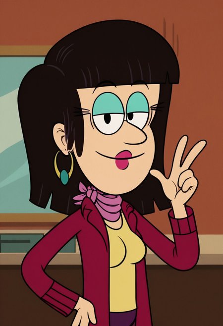 ((room background)),score_9, score_8_up, score_7_up,score_6_up, 
1girl, solo, Mrs.Bernard_TLH, light skin, black hair, turquoise eyeshadow, eyelashes, black eyes, shoulder long hair, fuchsia lips, golden circular, pink scarf, yellow tank top, fuchsia plum coat, purple pants, black flat shoes, tall, social smile, perfect eyes, perfect smile, looking at the viewer, detailed eyes, perfect eyes, standing, big breasts (front pose, bust shot) five fingers, perfect hands, (hand on hip, hand up)