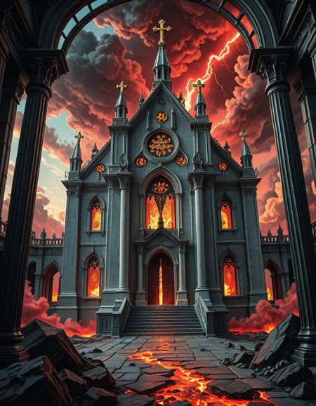 A once-majestic celestial temple, now under siege by the forces of Hell. The grand white stone structure is cracked and scorched, its golden crosses twisted and broken. The stained-glass windows, once glowing with warm divine light, are now shattered, with demonic symbols glowing ominously in their place. The sky, once a serene blue, is now consumed by dark storm clouds, swirling with red lightning and thick smoke.
Black, jagged chains extend from the sky, wrapping around the temple as if trying to pull it down into the abyss. The once-fluffy clouds beneath the structure are now a chaotic mix of fire, ash, and dark mist, with glimpses of molten lava cracks below. Infernal creatures with glowing red eyes lurk in the shadows, their silhouettes barely visible through the smoke and fire.
The temple doors are blown open, revealing an eerie red glow emanating from within, as if Hell itself is consuming the sacred space. Massive demonic runes are etched into the stone, pulsating with an unholy energy. The entire scene is bathed in a deep crimson and orange glow, giving it an apocalyptic and nightmarish atmosphere.
Style & Lighting:
- Dark fantasy, highly detailed
- Dramatic, high-contrast lighting with fiery glows
- Cinematic composition, epic scale
- Strong use of shadows, embers, and atmospheric foghighly detailed and atmospheric view from inside a massive birdcage, large enough for a human to stand inside. The cage is made of ornate, aged metal bars with intricate Victorian-style patterns, curving elegantly towards the domed ceiling. Sunlight filters through the gaps between the bars, casting long, dramatic shadows on the wooden floor. Delicate vines and small flowers have begun to grow around the bars, adding a touch of nature reclaiming the space. The background beyond the cage is blurred, hinting at a lush garden or a mysterious, abandoned mansion. The ambiance is serene yet slightly melancholic, with warm golden light illuminating dust particles floating in the air. Soft feathers are scattered on the floor, adding to the sense of quiet abandonment. The perspective makes the viewer feel as if they are inside the cage, looking outward, surrounded by both beauty and confinement. The style is highly detailed and realistic, with a cinematic and slightly surreal atmosphere.
<lora:SDXLFaeTastic2400:0.4> <lora:extremely_detailed:0.4> extremely detailed, <lora:evil_celestial_t3mpl3-i:1>,evil celestial t3mpl3, Masterpiece,best quality,hi res,8k,hi res,8k,award winning,(sharp focus, intricate, highly detailed),