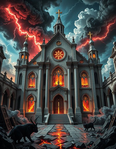 A once-majestic celestial temple, now under siege by the forces of Hell. The grand white stone structure is cracked and scorched, its golden crosses twisted and broken. The stained-glass windows, once glowing with warm divine light, are now shattered, with demonic symbols glowing ominously in their place. The sky, once a serene blue, is now consumed by dark storm clouds, swirling with red lightning and thick smoke.
Black, jagged chains extend from the sky, wrapping around the temple as if trying to pull it down into the abyss. The once-fluffy clouds beneath the structure are now a chaotic mix of fire, ash, and dark mist, with glimpses of molten lava cracks below. Infernal creatures with glowing red eyes lurk in the shadows, their silhouettes barely visible through the smoke and fire.
The temple doors are blown open, revealing an eerie red glow emanating from within, as if Hell itself is consuming the sacred space. Massive demonic runes are etched into the stone, pulsating with an unholy energy. The entire scene is bathed in a deep crimson and orange glow, giving it an apocalyptic and nightmarish atmosphere.
Style & Lighting:
- Dark fantasy, highly detailed
- Dramatic, high-contrast lighting with fiery glows
- Cinematic composition, epic scale
- Strong use of shadows, embers, and atmospheric foghighly detailed and atmospheric view from inside a massive birdcage, large enough for a human to stand inside. The cage is made of ornate, aged metal bars with intricate Victorian-style patterns, curving elegantly towards the domed ceiling. Sunlight filters through the gaps between the bars, casting long, dramatic shadows on the wooden floor. Delicate vines and small flowers have begun to grow around the bars, adding a touch of nature reclaiming the space. The background beyond the cage is blurred, hinting at a lush garden or a mysterious, abandoned mansion. The ambiance is serene yet slightly melancholic, with warm golden light illuminating dust particles floating in the air. Soft feathers are scattered on the floor, adding to the sense of quiet abandonment. The perspective makes the viewer feel as if they are inside the cage, looking outward, surrounded by both beauty and confinement. The style is highly detailed and realistic, with a cinematic and slightly surreal atmosphere.
<lora:SDXLFaeTastic2400:0.4> <lora:extremely_detailed:0.4> extremely detailed, <lora:evil_celestial_t3mpl3-i:1>,evil celestial t3mpl3, Masterpiece,best quality,hi res,8k,hi res,8k,award winning,(sharp focus, intricate, highly detailed),