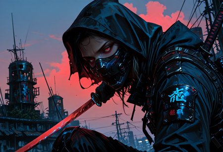 masterwork, masterpiece, best quality, detailed, depth of field, , high detail, best quality, very aesthetic, 8k, photorealistic, realistic skin, deep colour, high contrast, hyperdetailed, matte digital painting, trending on artstation, sharp edges, precise, clear focus, detailed face, closeup, face focus, sideview, wide shot, looking at viewer, 
 futuristic, gritty. 
line art, ink art of a woman, solo, soldier, enigmatic, (glowing red eyes), matte black modular suit of armor, molded armour, whole body protection, heavy boots, holding a katana, blue glowing blade, ready to fight, fighting stance. Deep hood, black face mask, pale skin, 
background war-torn urban landscapes, dramatic lighting, dynamic angle, whole body, face focus, high contrast, deep shadows, distant fires, smoky sky, matte painting, 
 STP-Illu
