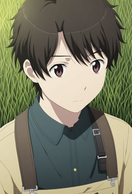 high resolution, solo, best quality, 1Boy, Inaho Kaizuka, Black Hair, Brown Eyes, grass, middle night, OverallDetail