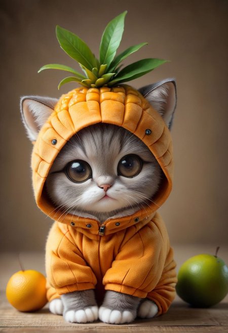 An award winning photo , a cute little baby cat,sitting around in a mango costume, (fruit) , (((cuteness overload))) <lora:add-detail-xl:1>,  <lora:WowifierXL-V2:1>, zhibi