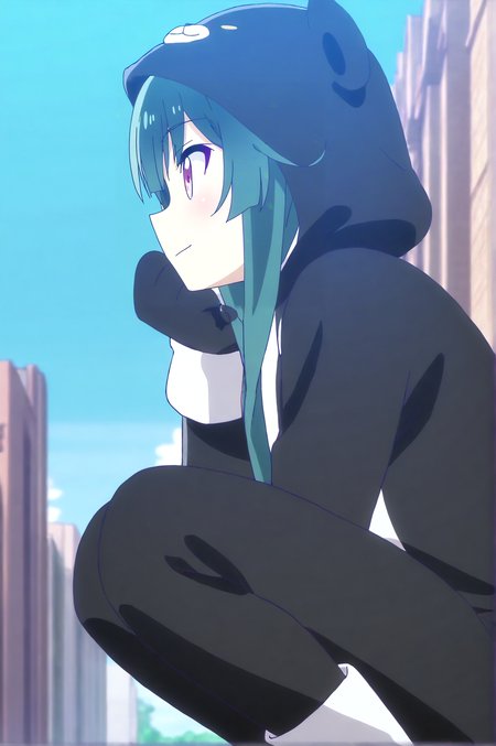 masterpiece, best quality, anime screencap,   Yuna, Main Outfit, lying, blue sky, sitting, building, hand up, squatting  <lora:JN_Yuna_Kuma_Illus:0.8>
