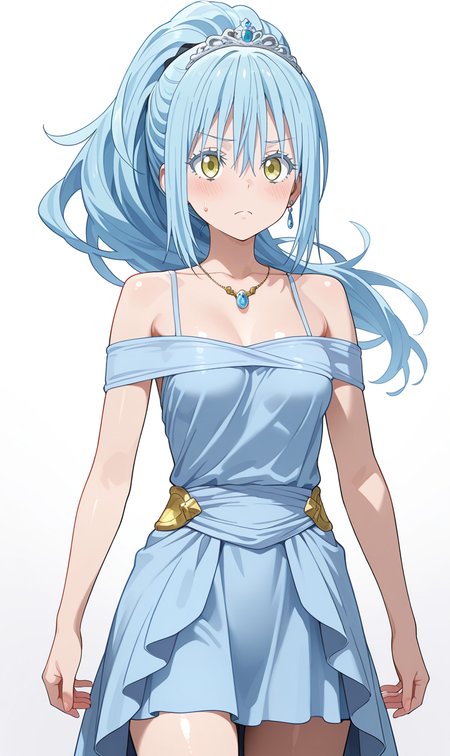 (masterpiece),best quality,amazing quality,very aesthetic,absurdres,newest,perfect body,shiny skin,perfect eyes,detail1eye,
rimuru tempest, sunakku, 1girl, medium breasts,blue hair, long hair, jewelry, yellow eyes, necklace, hair between eyes, solo, closed mouth, floating hair, bangs, tiara, shiny, shiny hair, blush, collarbone, blue dress, dress, cowboy shot, sweatdrop, frown, indooes, gem, earrings, bare shoulders, sleeveless, ponytail, high ponytail
<lora:rimuru_sunakku_ILXL:1>