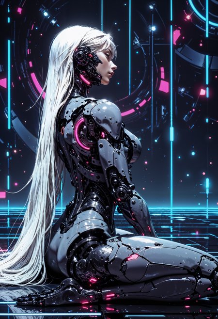 a futuristic, humanoid female cyborg sitting in a side profile view. The cyborg has long, flowing white hair and a sleek, metallic body with intricate mechanical details. Her skin is a combination of smooth, silver metal and glowing pink accents, particularly around the joints and facial features. The background is a high-tech, digital environment with neon blue and pink lights forming geometric patterns and lines, creating a sense of depth and advanced technology. The overall composition is symmetrical, with the cyborg positioned centrally, emphasizing her detailed design and the contrast between her metallic form and the vibrant, illuminated backdrop. <lora:FluxMythG0thicL1nes:0.6> <lora:RetroAnimeFluxV1:0.6> <lora:FredFraiStyle-FLUX-Share:0.6>  <lora:dark_fantasy_flux:0.6>