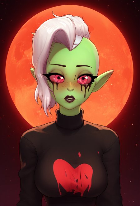 zPDXL, score_9,score_8_up,score_7_up,_up,source_cartoon, best quality, amazing quality, masterpiece, 1girl, looking at viewer, solo, blush, black lips, <lora:LordDominator3D:0.8>, lord dominator wo!262, green skin, breasts, white hair, pink eyes, freckles, no nose, pointy ears, dark forest, night, red moon, stars at the sky, wallpaper, beautiful nature, beautiful background, clevage,sweater, large breast, visible boobs, whisperfoot, <lora:Whisperfoot:1>, Expressiveh, good_hands, <lora:Expressive_H:0.8>, <lora:Detail_Slider_v1.4_iteration_3:4>, <lora:pony_good_hands:0.8>