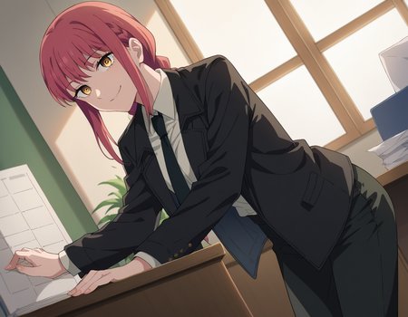 score_9, score_8_up, score_7_up, source_anime,
makima, <lora:chainsaw-man-makima-s1-ponyxl-lora-nochekaiser:1>
makima, long hair, smile, bangs, yellow eyes, braid, red hair, braided ponytail, ringed eyes,
shirt, long sleeves, jacket, white shirt, necktie, collared shirt, pants, black jacket, black pants, formal, suit, black necktie, shirt tucked in, office lady,
indoors, office, bent over, smile,
looking at viewer, cowboy shot, dutch angle,