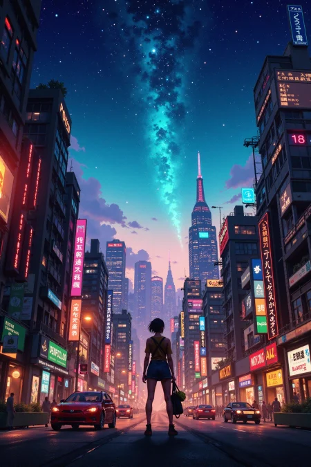 cyberpunk city beautiful  landscape, bright luminous starry night, woman, very intricate, very detailed, sharp, bright, colorful, <lora:Hand v2:0.5> <lora:Anti-Blur:1><lora:Insane Detail Slider:0.25>  <lora:flux.1_lora_flyway_Epic-detail_v2:0.3> <lora:fluxenhancer:0.25> <lora:ROWER:0.8> <lora:Anime art - Variant 3:0.6> Anime art