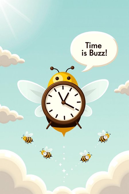 An illustration for "Time is Buzz" could show a whimsical clock with wings buzzing through the air like a bee. The clock face has hour and minute hands made to resemble a stinger and antennae, respectively. Small, cartoon-like bees with tiny clocks on their backs flit around, each trailing faint sparkles. The background could be a gradient sky with faint clouds and soft rays of sunlight, giving a playful sense of time literally "buzzing" around. Speech Bubble that says "Time is Buzz!" <lora:schnell_v1.0:1.0><lora:781689983800111384:0>