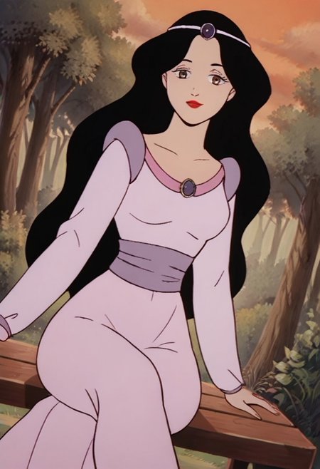 score_9_up, score_8_up, score_7_up, 1980s (style), retro artstyle, source_cartoon, rating_safe 
JetLagSnowWhite, 1girl, black hair, long hair,  lipstick, makeup, red lips, brown eyes, tiara, circlet, jewelry, gem, dress, long sleeves, pink dress, purple dress, white dress,
solo, smug, sitting, crossed legs, outdoors, 1girl, bench, trees, sky, clouds, sun, looking at viewer, day, forest, cowboy shot, upper body focus, (Dutch angle:1.4), thighs
