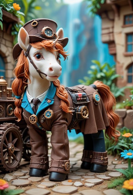 WORLD MORPH CLAY, score_9, score_8_up, score_7_up, 
Microphotograph of a massive steampunk unicorn, with integrated gears and cogs, bathed in warm terracotta and cool teal light, at golden hour, in 8k resolution, emphasizing soft light and earthy contrasts.