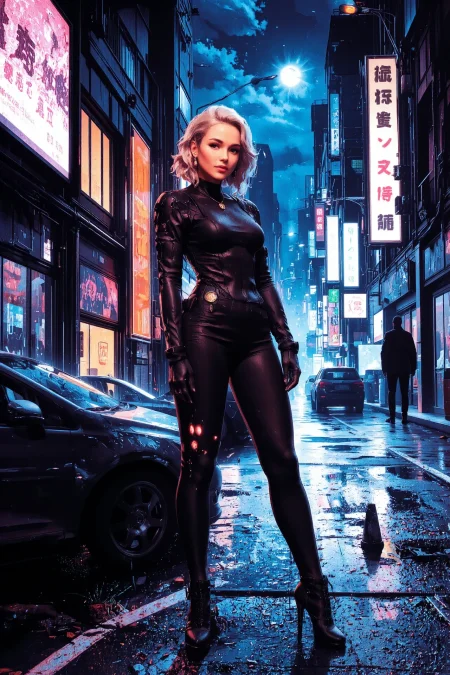 blowout natural blonde hair young cyberpunk woman, anime, illustration, cyberpunk, futuristic, extremely detailed, portrait, standing, happy smile, beautiful cyberpunk tokyo buildings landscape, wet floor, windows, car, motorbike, moon in the sky, bright neon lights, screen holograms, kanjis, raytracing, hdr, high contrast, cinematic lights, backlight, reflections, legs, heels, sharp focus, luminous Olive Brown robot glossy brilliant armor, body lights, body circuits, glossy lipstick, necklace, medallion earrings, colorful, retrowave, shadows, vibrant colors, colorful, bright, pretty, beautiful, feminine, sexy, lovely, in love, adorable, fashion, <lora:Hand v2:1> <lora:Anti-Blur:2> <lora:Insane Detail Slider:0.5>  <lora:flux.1_lora_flyway_Epic-detail_v2:0.3><lora:fluxenhancer:0.5> <lora:RetroAnimeFluxV1:0.3> <lora:CPA:0.6> <lora:Luminous_Shadowscape:0.3>  <lora:Neon_Noir_FLUX:0.4> mad-neon-noir  <lora:bv-cybstyenh-v1_rank16_bf16:0.3>