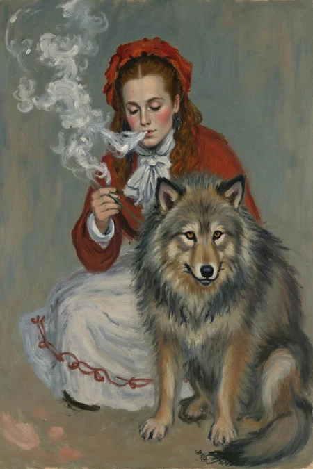 claudemonet1 painting. 
A woman with red wavy hair, dressed as Little Red Ridding Hood, squatting on the ground and smoking with the Big Bad Wolf. 
 <lora:claudemonet1_cap_d8a4e12:1.0><lora:843596014611978563:0>