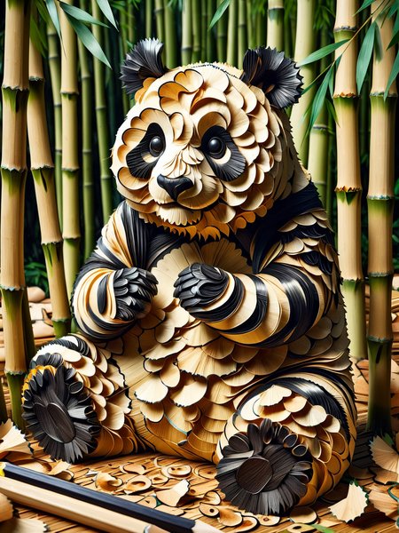 A ais-pencilshavings panda, sat amongst bamboo, dynamic, cinematic, masterpiece, intricate, hdr.  <lora:Pencil_Shavings_Style_SDXL:1>