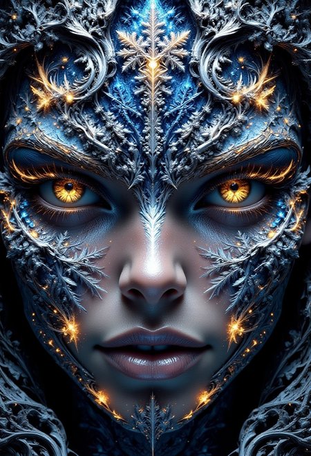 masterpiece, highly detailed
enigmatic eyes of a sorceress. Intricate winter patterns made of snowflakes, ice crystals and glittering light effects that shimmer on the face. Chiaroscuro. Drama, shadows on the face. Color palette of rich white, cream and shimmering silver tones.  captivating image. full body view,
vivid color, simple background, 3D Render Style, hkmagic, DreamArt, Digital artwork featuring a highly detailed snowflake design, intricately carved into the shape of (SUBJECT).
