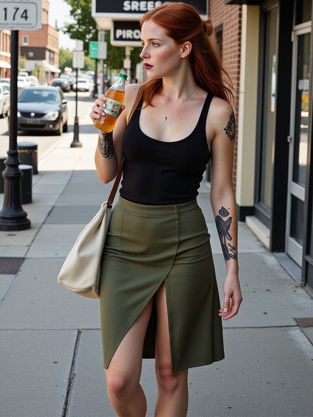 Geppy steps out of a small corner shop into the bright midday sunlight. Her long hair is tied in a messy low knot, with a few loose strands framing her face. She wears a fitted black tank top without a bra, and a deep olive green skirt with a high slit. She holds a half-full plastic bottle of citrus soda and takes a final sip before tucking it under her arm. A small silver nose stud glints in the sunlight, and faint traces of burgundy lipstick remain on her lips. Freckles dot her face and chest. A blackwork tattoo is visible on her arm. Another tattoo on her thigh. She walks with a relaxed, unhurried stride, barefoot in worn trainers, her canvas bag slung casually over one shoulder. The quiet, mundane chaos of the street surrounds her—pedestrians, distant car engines, and the hum of a warm day unfolding.