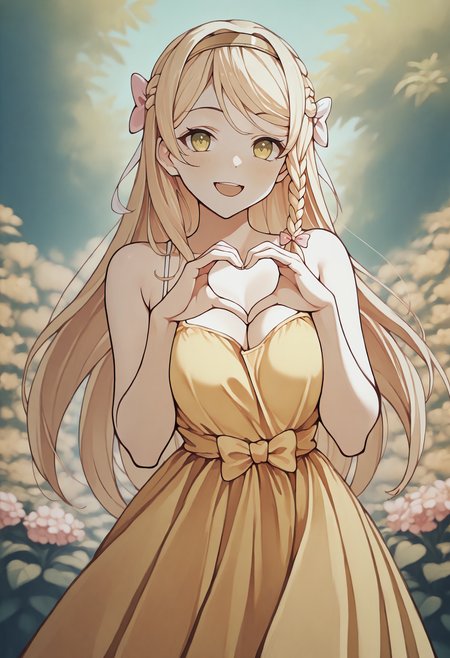 masterpiece, best quality, 1girl, solo, KlaudiaValentz, long hair, side braid, hairband, hair bow, white bow, pink bow, yellow sundress, spaghetti strap, smile, open mouth, heart hands, looking at viewer, outdoors, garden, flower, <lora:ChamKlaudiaValentzIllustriousXL:1>