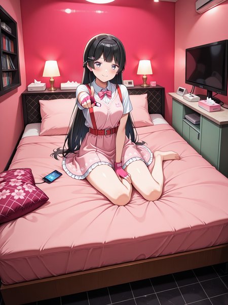 1girl, 
tsukino mito, 

amazing quality, highest score, 16k, 8k, 4k, aidmaimageupgrader, illustriousanime, nijimito, medium breasts, blue eyes, (black hair:1.3), long hair, french braid, (hair pin:1.3), blush, lovehotel, couch, indoors, pillow, scenery, lamp, carpet, bed, love hotel, blanket, LHbedpanel, glowing, phone, tissue box, ceiling light, table, pink light, neon light, Redroom, leather wall, Red pillow, leather pillow, braid, breasts,

score_9, score_8_up, score_7_up, source_anime, masterpiece, best quality, very aesthetic, absurdres, explicit