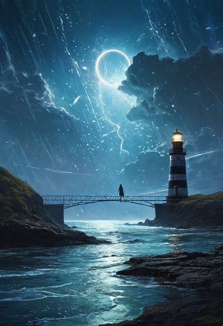professional, (4k photo:1.1) , (Sharp focus:1.3), high detail, (extremely thin, slender, slim, long legs),
 <lora:spotlight:1> dark theme, silhouette, magical lighting, fantasy,
(Amidst the floating islands of a distant alien planet, connected by shimmering bridges of light and energy, a woman with wings of shimmering gossamer soars between the isles, collecting rare starlit flowers that bloom only during the planetâs ethereal night cycle.,High cliff overlooking a stormy sea, waves crash below, an old lighthouse stands resolute, a man in a weathered sea captain's jacket stares out at the horizon, seagulls circle above, camera angle over the shoulder, dramatic, moody lighting, the sense of an impending storm.:1.2)
<lora:greg_rutkowski_xl_2:0.8> greg rutkowski, , (expressionism, impressionism, broad brush strokes:1.4)