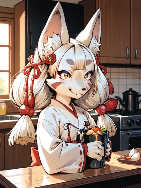 <lora:happy_tentacle-junkohaku-v0.1:1>, ht_junkohaku, hair ornament, jingle bell, fox tail, yellow eyes, small breasts, white fur , smile, , indoors, kitchen cowboy shot, 1girl, (petite:1.2), solo focus, (looking away:1.1), , (depth of field:0.8), , [(realistic, photorealistic:1.2):(realistic:1.3):22], [(3d:1.2)::10], <lora:LUUNA's Lunas-NijiJourney-SDXL-B2:0.6>, nijijourney, <lora:prgfrg23's Counterfeit-V3.0 Style SDXL_LoRA_Pony Diffusion V6 XL:0.3> score_9, score_8_up, score_7_up, score_6_up, score_5_up, score_4_up