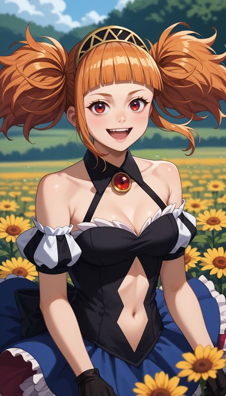 score_7, score_7_up, score_9, score_ 9_up, looking at viewer, flower field, smile, happy, open mouth, teeth,
 <lora:Hlokk :1>, Hlokk , 1girl, twintails,orange hair, blunt bangs, long hair,  black gloves, medium breasts, navel cutout, cleavage, hairband, detached sleeves, dress, clothing cutout, red eyes, bare shoulders,  blue ouftit ,