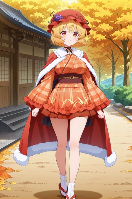 absurdres, highres, masterpiece, best quality, amazing quality, official anime artwork, screencap, anime screencap, outdoors, looking at viewer, light smile, dynamic pose, standing,
 <lora:Aki-Minoriko_Illustrious:1> aki minoriko, 1girl, yellow eyes, blonde hair, short hair, medium breasts,, aki minoriko \(sweet sister god\), alternate costume, red hat, mob cap, grape hat ornament, brown neck ribbon, red cape, fur-trimmed cape, flip-flops, japanese clothes, orange kimono, plaid kimono, frilled kimono, short kimono, long sleeves, frilled sleeves, wide sleeves, sash, red obi, white socks,