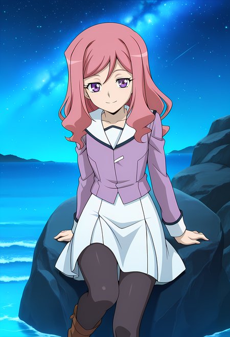 masterpiece,best quality,amazing quality,

solo,

Kumi Okazaki (Cardfight Vanguard), long hair, pink hair, purple eyes,

school uniform, purple shirt, serafuku, white sailor collar, long sleeves, white skirt, black pantyhose, brown footwear,


looking at viewer, smile, 

lying, Leaning back on rock,

cinematic, 

bloom, night, at beach, starry sky, galaxy sky, glowing blue ocean waves,  blue light, 

Official style, anime screencap, anime coloring, 
















