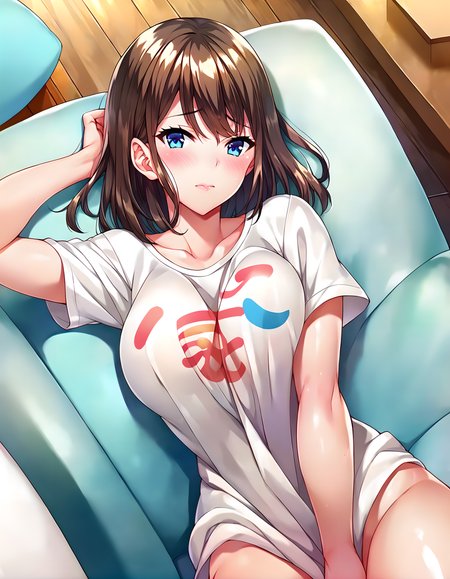 <lora:pony_xl_yayoi:0.9>,yayoi,score_9,score_8_up,score_7_up,source_anime,1girl,solo,shiny hair,shiny skin,couch,sitting,on back,blush,t-shirt,breasts,cleavage,shirt_pull,covering,covering crotch,looking at viewer,