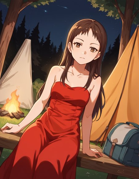 score_9, score_8_up, score_7_up, source_anime, <lora:emi-igawa-s1-ponyxl-lora-nochekaiser:1>,, emi igawa, long hair, brown eyes,, dress, red dress, collarbone, bare shoulders,, camping, bonfire, tent, stargazing, marshmallows, forest clearing, night, , looking at viewer, arm resting on table, solo,, cowboy shot, dutch angle