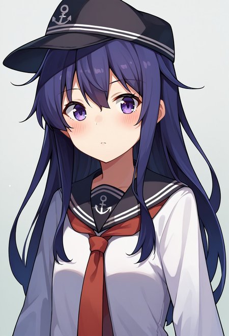 score_9, score_8, score_7, source_anime, akatsuki (kancolle), 1girl, solo, blush, anchor symbol, looking at viewer, school uniform, flat cap, long sleeves, red neckerchief