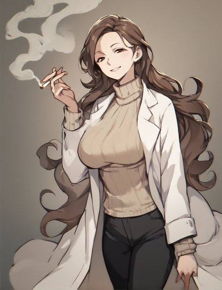 score_9, score_8_up. score_7_up,  uncensored, <lora:blvefo:1>,  blvefo9, mature female, 
1girl,holding cigarette,lab coat,brown hair,smile,black pants,smoking,long sleeves,large breasts,smoke,looking at viewer,long hair,turtleneck sweater,brown eyes,cowboy shot