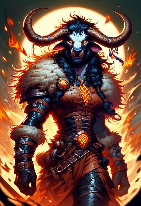 score_9, score_8_up, score_7_up, a tauren shaman, leather clothing, Flashfire glowing runes