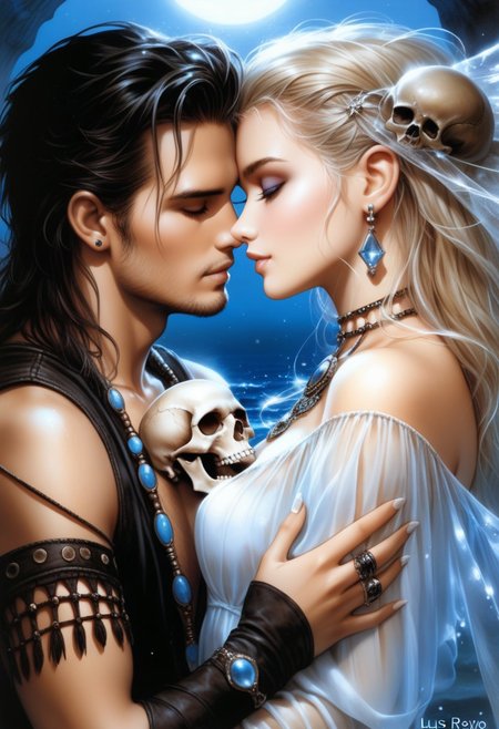 close up couple in love, 
art by luis royo Anita Malfatti Ellen jewett ocean spirit bones, 
spiderweb, 
skull, 
gemstone watercolor painting, 
Jean-Baptiste Monge style, 
bright, 
splash, 
rim lighting, 
lights, 
magic, 
fantasy, 
digital art, 
wlop, 
artgerm and james jean