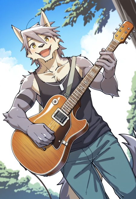 best quality, amazing quality, very aesthetic, absurdres, newest, kouya_aotsuki, morenatsu, furry, yellow eyes, tank top, black tank top, pants, happy, holding instrument, looking at viewer, dutch angle, outside, detailed background, <lora:Kouya_Aotsuki_Morenatsu_Illustrious:1>