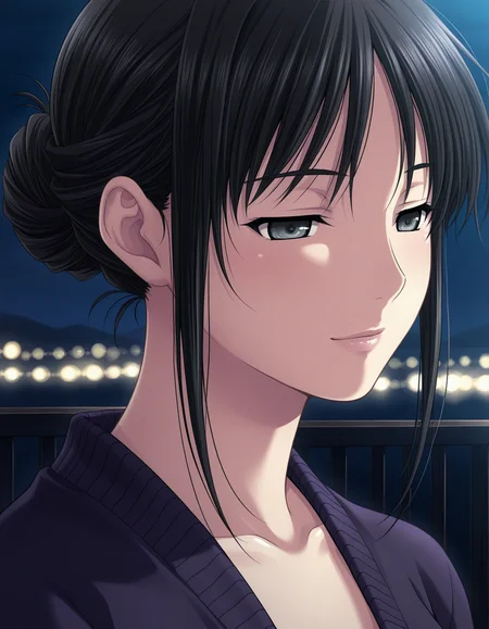 1girl, solo, muroyama kazuko, black hair, single hair bun, grey eyes, lips, light smile, narrowed eyes, dark purple cardigan, portrait, night, dark theme, low light <lora:muroyama_kazuko_ilxl_v1:0.7>