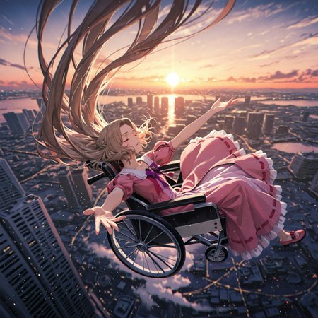 destroyed cityscape, scenery, sky, dusk,

nunnally,  1girl, brown hair, long hair, depth of field, closed eyes, pink dress, sitting in wheelchair, leaning back, face focus, flying wheelchair, french braid, in air, flying, puffy sleeves, (from front:0.6), purple bow, closed eyes, outstretched arm, red dusk lighting, falling, floating long hair,HU1, wide shot, luminous background, close up.  portrait, 

solo, masterpiece, best quality, very aesthetic, absurdres, amazing quality, by sakuraba yuuki, by nagishiro mito, by guweiz, detailerlora,