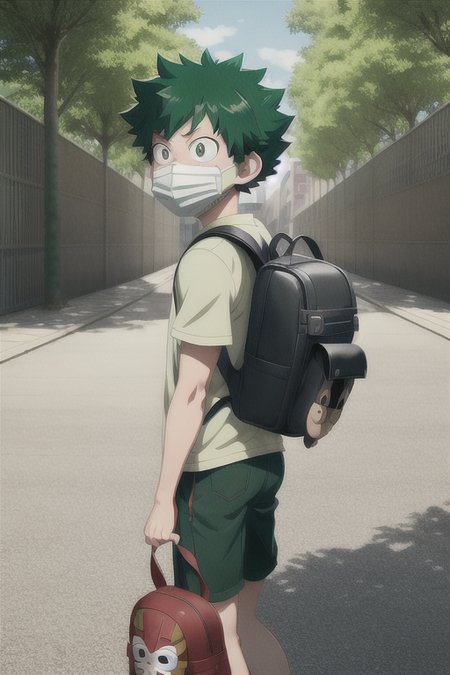 anime screencap, ((1boy)), backpack, bag, boku no hero academia, freckles, green eyes, green hair, horikoshi kouhei, mask, midoriya izuku, mouth mask, screencap, street, wall, trees