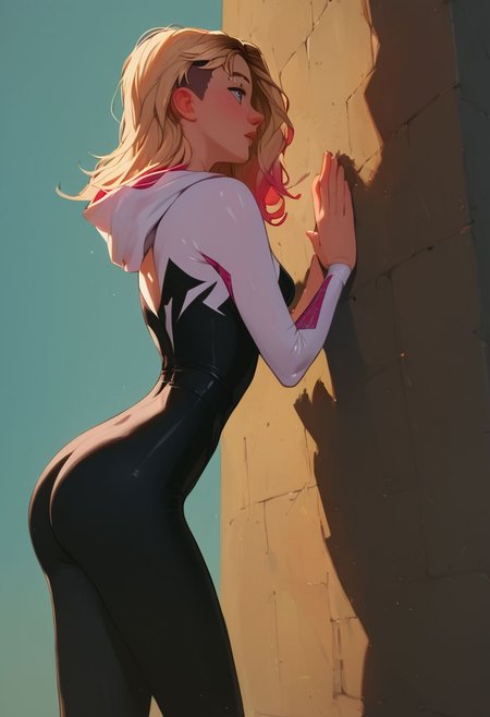 score_9, score_8_up, score_7_up, score_6_up, score_5_up, score_4_up, 1girl, spider gwen, small tight ass, narrow hips, skinny, relaxed pose, side view, leaning against a wall, medium breasts, teardrop_boobs, tiny waist, narrow hips, petite, small body, waiting