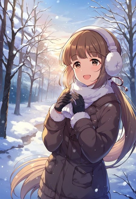 score_9, score_8_up, score_7_up, score_6_up, score_5_up, score_4_up,yorita yoshino, brown hair, brown eyes, long hair, 1girl, solo, snow, earmuffs, tree, gloves, smile, open mouth, ponytail, outdoors, winter, winter clothes