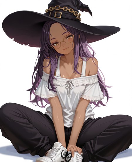<lora:yan_kodiac:1> yan_kodiac,
(masterpiece), (best quality), (ultra-detailed), amazing quality, very aesthetic, illustration, perfect composition, intricate details, absurdres, incredibly absurdres, shiny skin, realistic,
 yan_kodiac, 1girl, hat, purple hair, glasses, witch hat, long hair, shoes, pants, white background, skinned female, dark skin, looking at viewer, sitting, shirt, simple background, yellow eyes, sneakers, smile, solo, white footwear, black headwear, black pants, off shoulder, closed mouth, 3, short sleeves, general