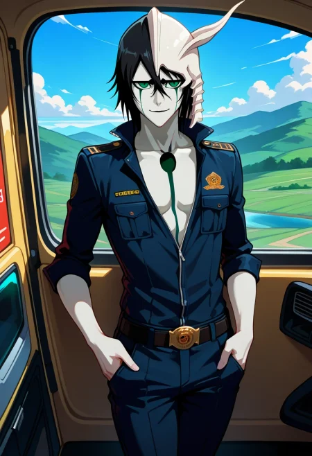 masterpiece, best quality, , , , , 1boy, solo, male focus, <lora:ulquiorra_cifer_ilxl:1>, ulquiorra_cifer, black hair, green eyes, facial mark, hair between eyes, , cowboy shot, hill, midnight, legs together, naughty smile, taxi driver costume