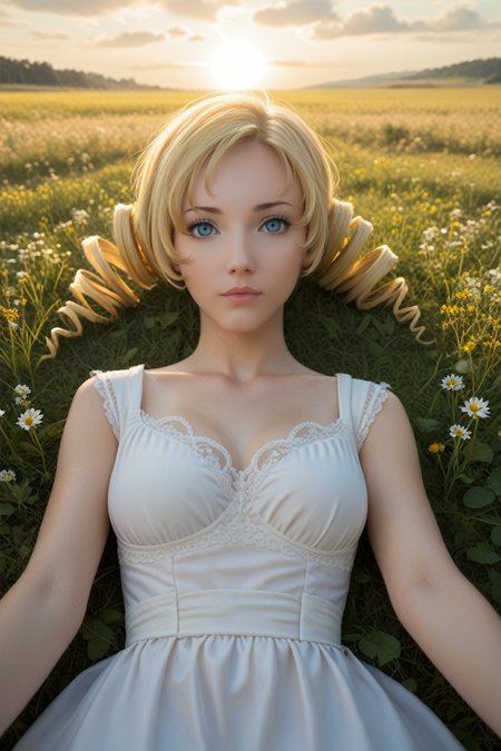 score_9, score_8_up, score_7_up,
<lora:CCatherine:0.8>
CCatherine, 1girl, blonde hair, drill hair, blue eyes, looking at viewer, lying in a field of wildflowers, arms stretched out, sun shining through the clouds, soft and warm lighting, peaceful and nature-connected feeling