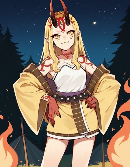 score_9, score_8_up, score_7_up, source_anime, <lora:fgo-ibaraki-douji-ponyxl-lora-nochekaiser:1>, ibaraki douji, blonde hair, facial mark, fang, forehead, horns, long hair, oni, oni horns, pointy ears, yellow eyes,, earrings, japanese clothes, jewelry, kimono, leg tattoo, neck tattoo, oni, oni horns, shoulder tattoo, tattoo, yellow kimono,, camping, bonfire, tent, stargazing, marshmallows, forest clearing, night, , looking at viewer, hand on hip, solo,, cowboy shot, dutch angle